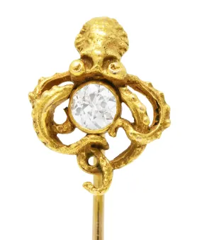 Art Nouveau Old European Cut Diamond 14 Karat Gold Octopus Antique Huger Stickpin