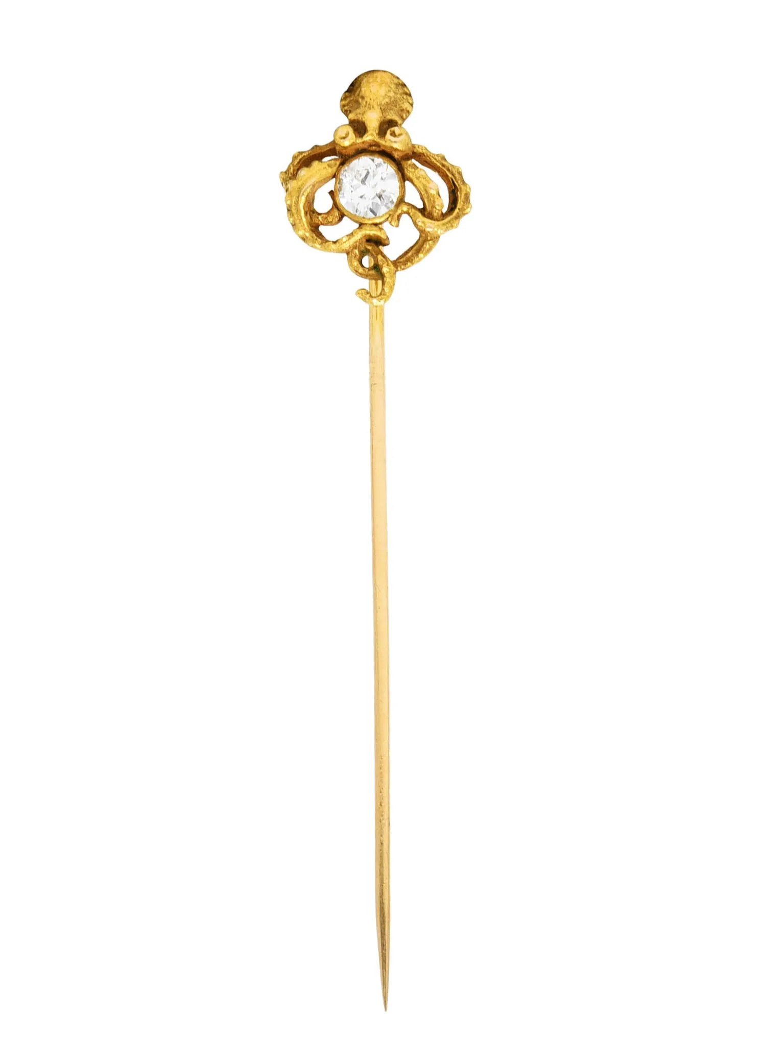 Art Nouveau Old European Cut Diamond 14 Karat Gold Octopus Antique Huger Stickpin