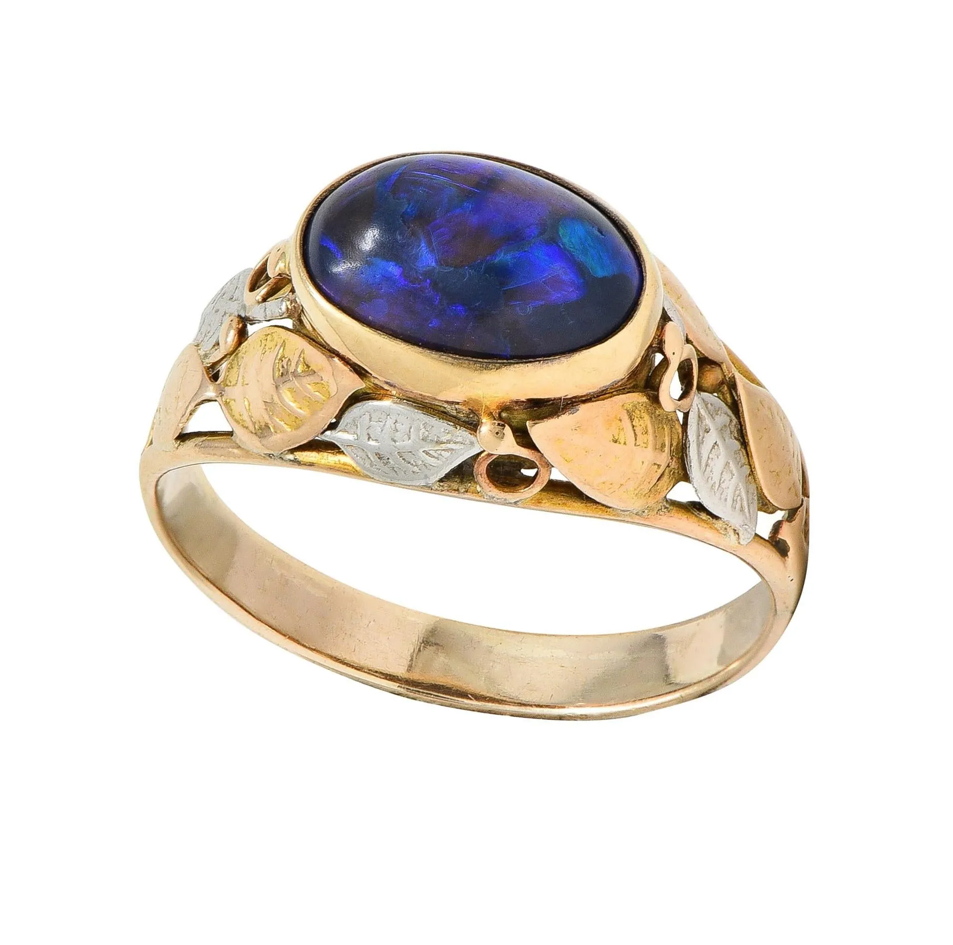 Arts & Crafts Black Opal Platinum 14 Karat Gold Antique Unisex Foliate Ring