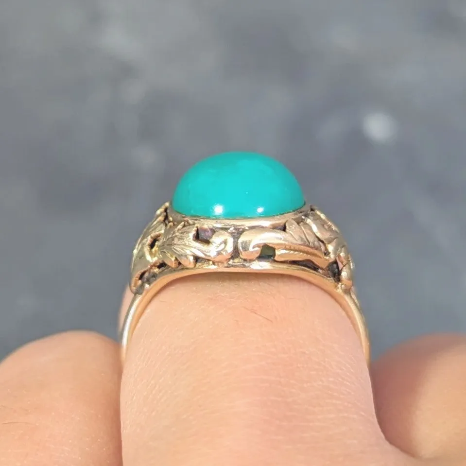 Arts & Crafts Chrysoprase Cabochon 14 Karat Gold Foliate Floral Antique Ring