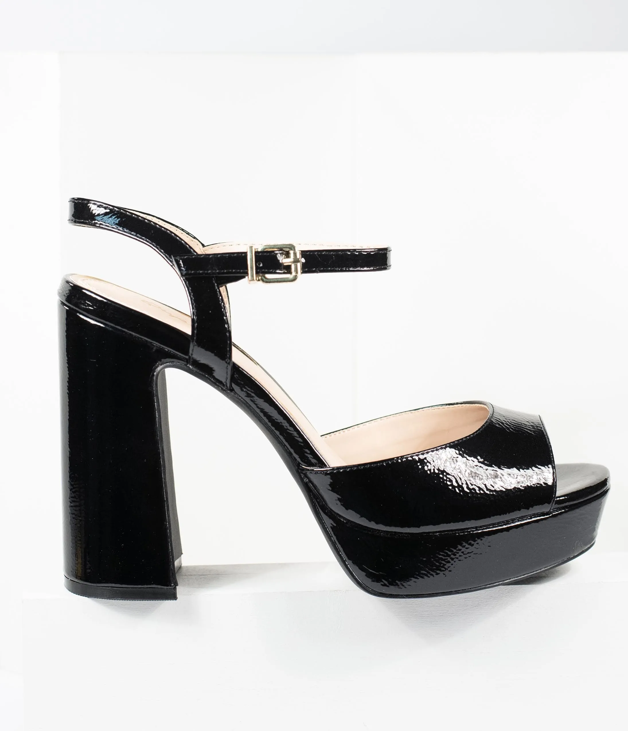 Black Patent Leatherette Peep Toe Platforms