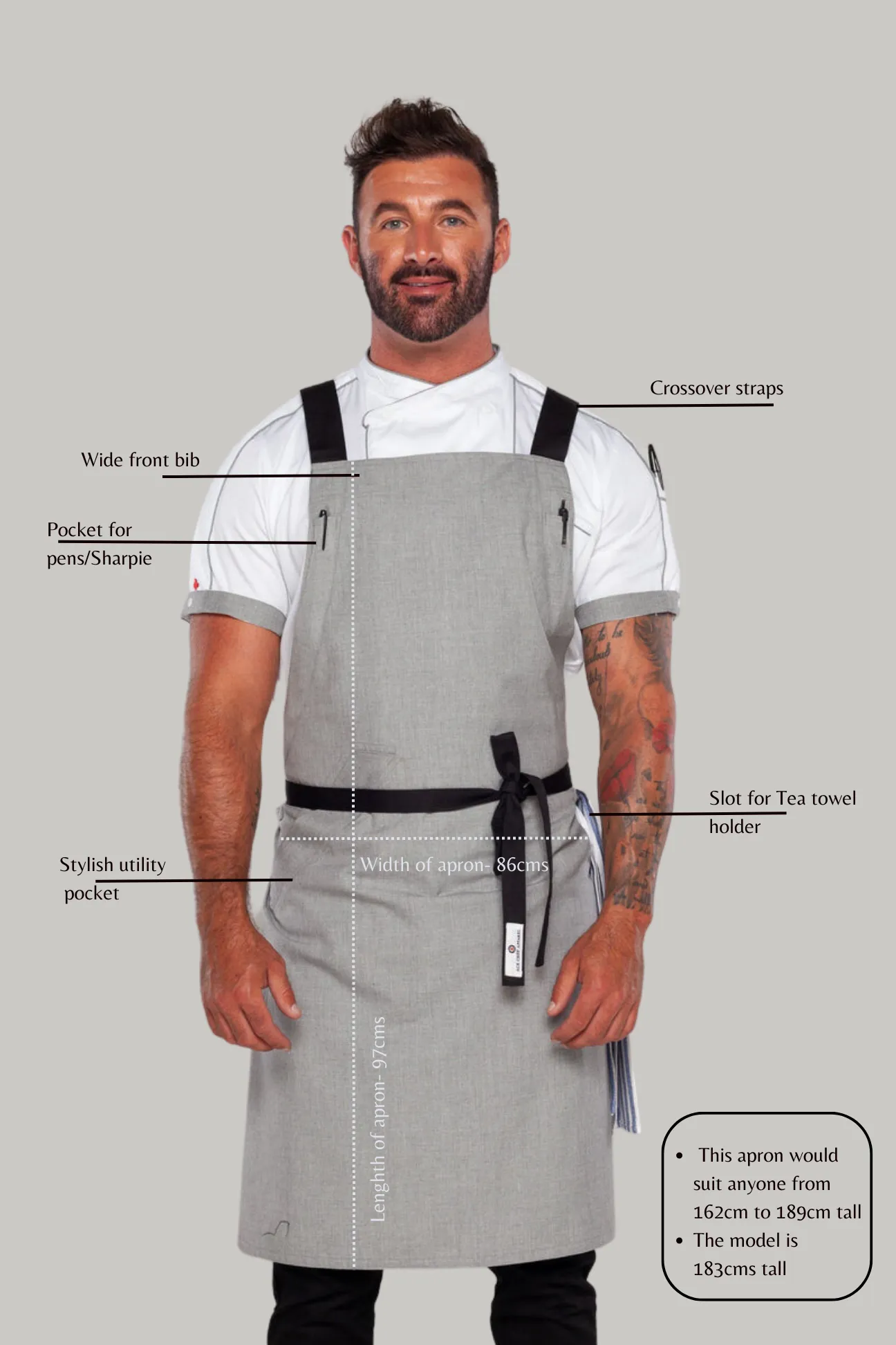 BYRON Crossover Chef apron Steel Grey with black straps