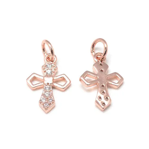 Charms, Brass, Micro Pave Cubic Zirconia Charms, Cross, Single-Sided, Rose Gold, 14.5mm