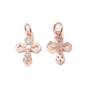 Charms, Brass, Micro Pave Cubic Zirconia Charms, Cross, Single-Sided, Rose Gold, 14.5mm