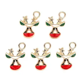 Charms, Christmas Reindeer Head, Single-Sided, Red, Green, Black, Enameled, Light Gold Plated, Alloy, 17mm