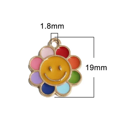 Charms, Flower Smiley Face, Single-Sided, Enameled, Colorful, Gold Plated, Alloy, 16x19mm