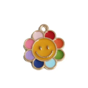 Charms, Flower Smiley Face, Single-Sided, Enameled, Colorful, Gold Plated, Alloy, 16x19mm