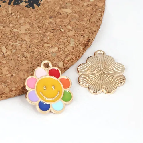 Charms, Flower Smiley Face, Single-Sided, Enameled, Colorful, Gold Plated, Alloy, 16x19mm