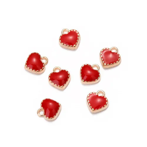 Charms, Heart, Single-Sided, Light Gold, Red, Enameled, Alloy, 8mm