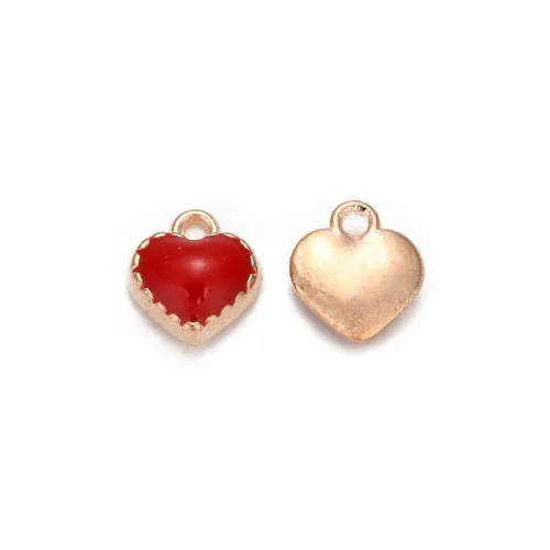 Charms, Heart, Single-Sided, Light Gold, Red, Enameled, Alloy, 8mm