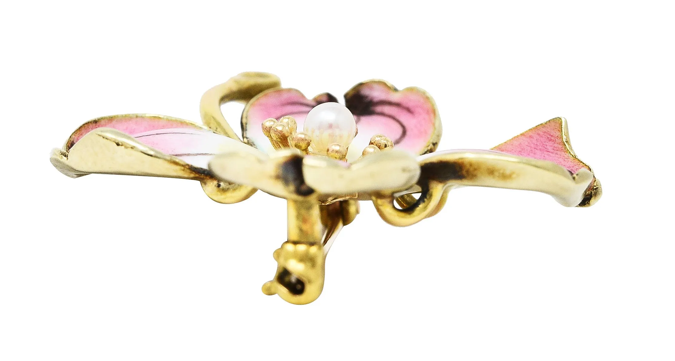 Crane & Theurer Art Nouveau Pearl Enamel 14 Karat Yellow Gold Antique Flower Brooch