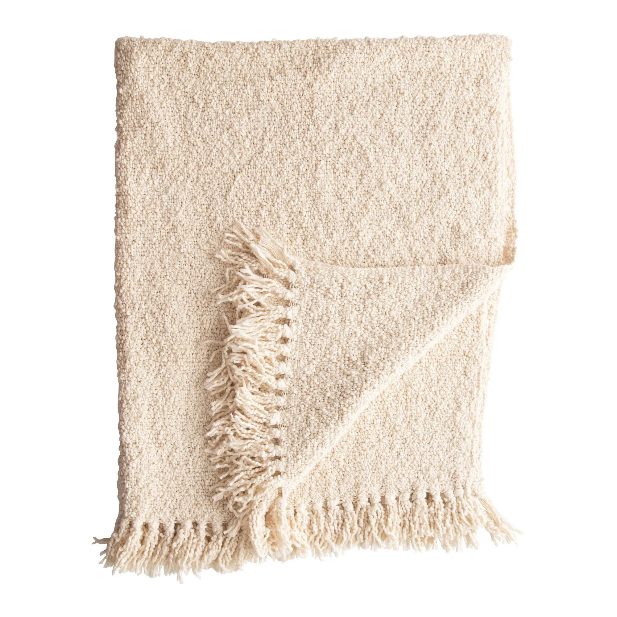 CREAM COTTON BOUCLE THROW WITH FRINGE