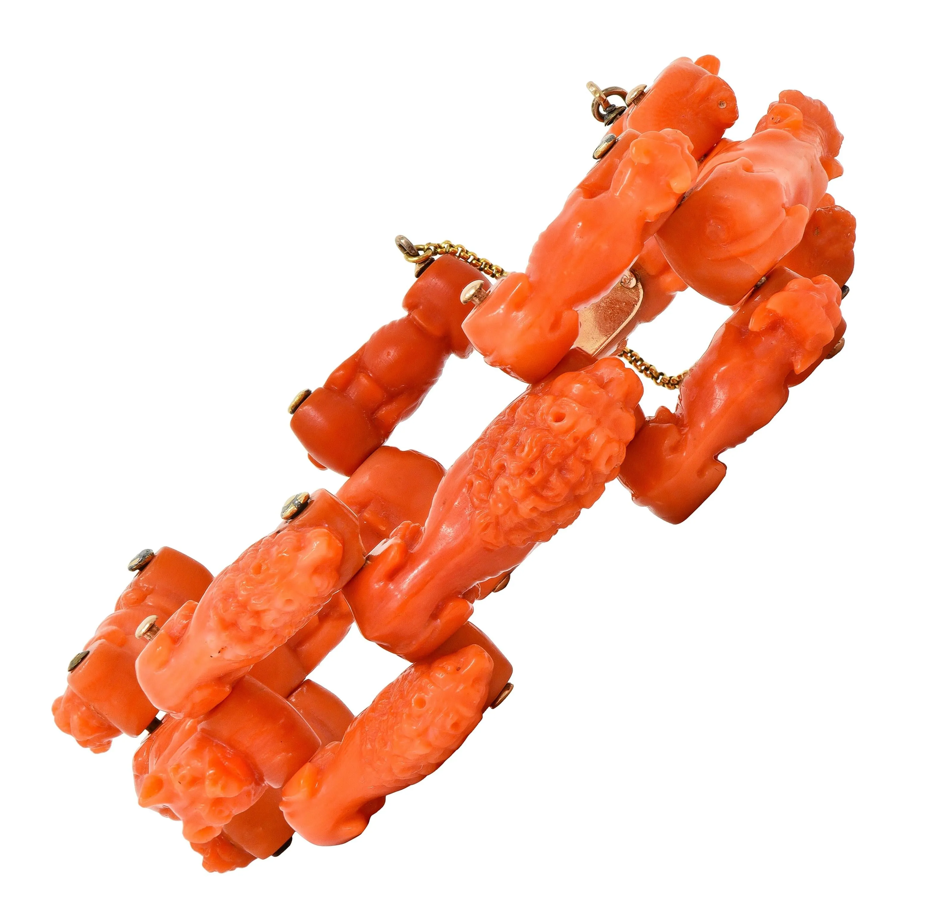 Early Victorian Carved Coral 14 Karat Gold Cow Lion Dog Animal Link Antique Bracelet