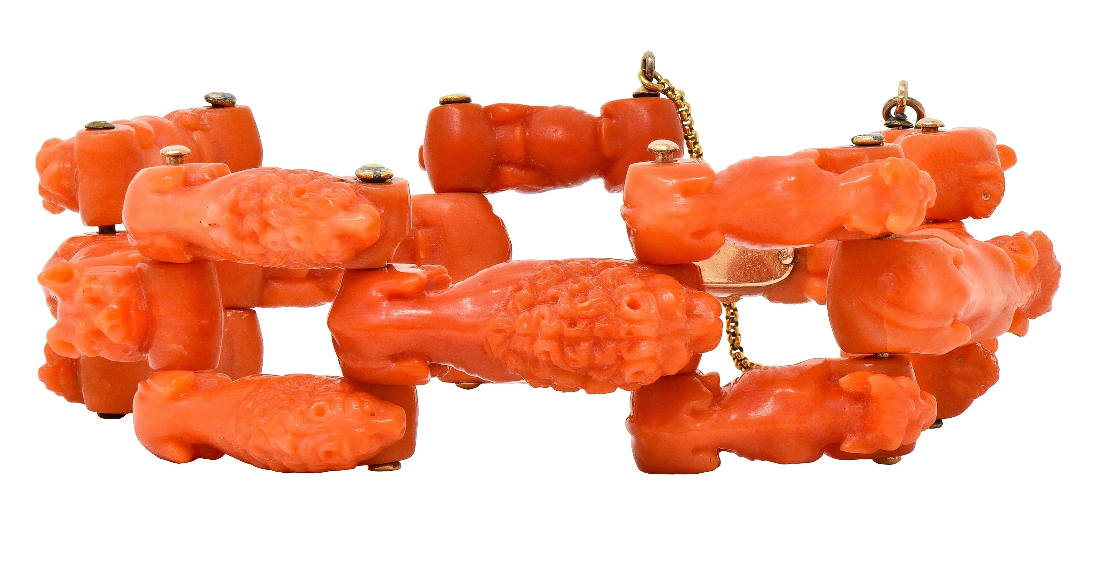 Early Victorian Carved Coral 14 Karat Gold Cow Lion Dog Animal Link Antique Bracelet