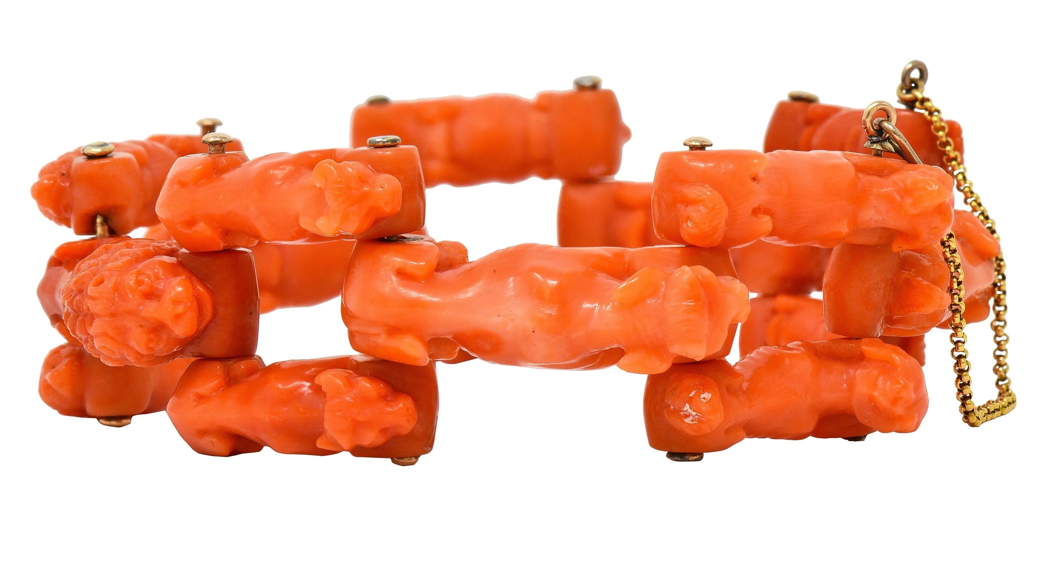 Early Victorian Carved Coral 14 Karat Gold Cow Lion Dog Animal Link Antique Bracelet