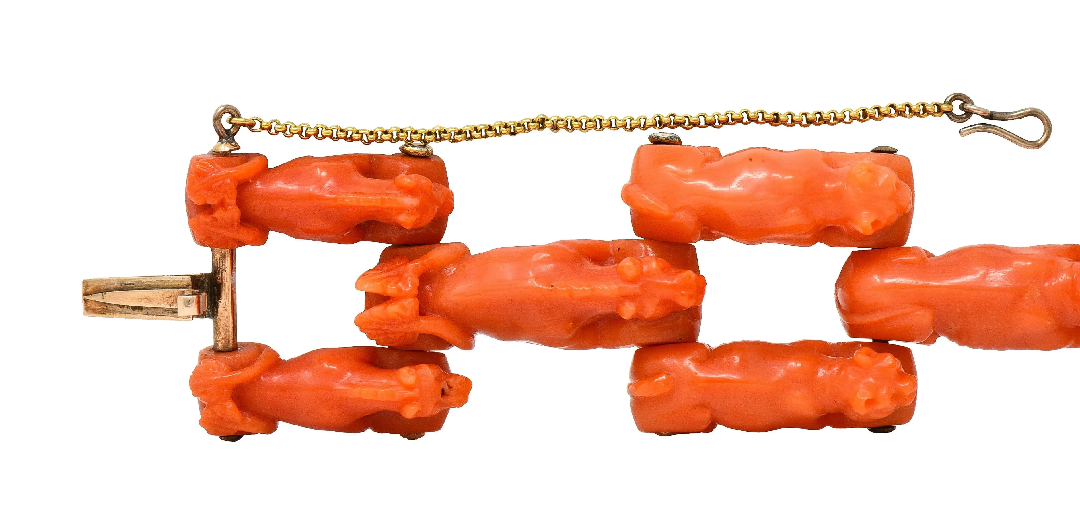 Early Victorian Carved Coral 14 Karat Gold Cow Lion Dog Animal Link Antique Bracelet