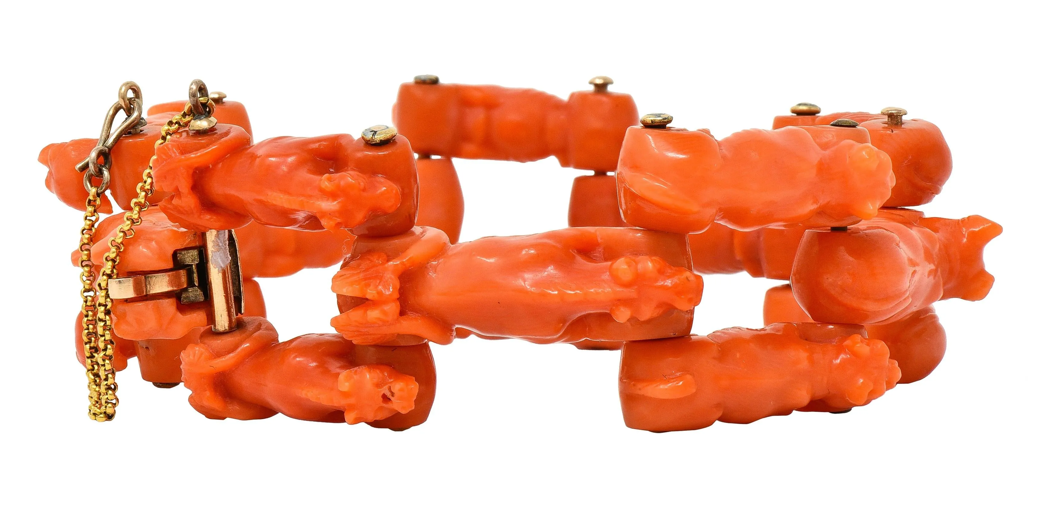 Early Victorian Carved Coral 14 Karat Gold Cow Lion Dog Animal Link Antique Bracelet