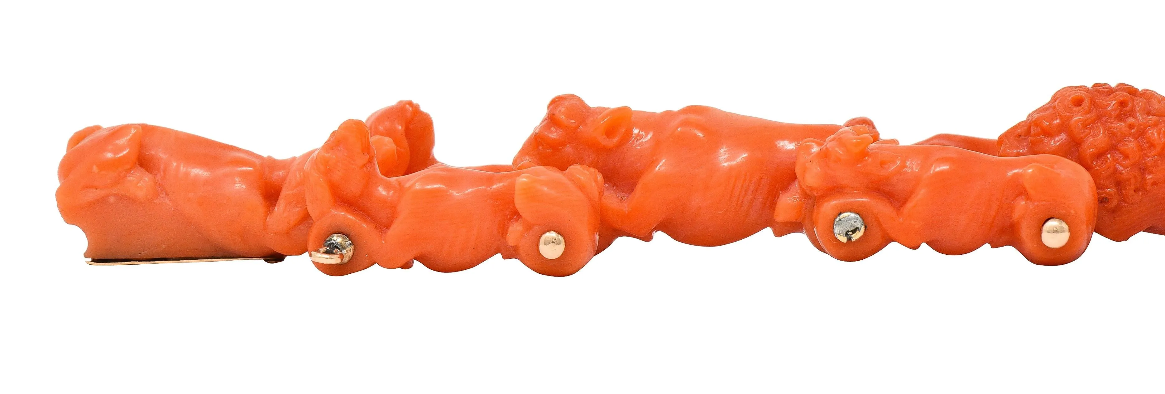 Early Victorian Carved Coral 14 Karat Gold Cow Lion Dog Animal Link Antique Bracelet