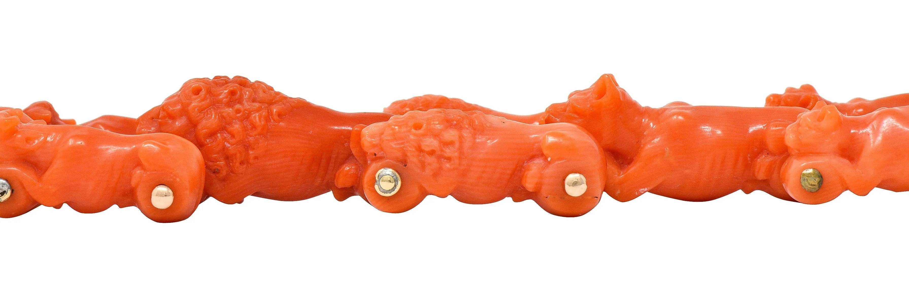 Early Victorian Carved Coral 14 Karat Gold Cow Lion Dog Animal Link Antique Bracelet