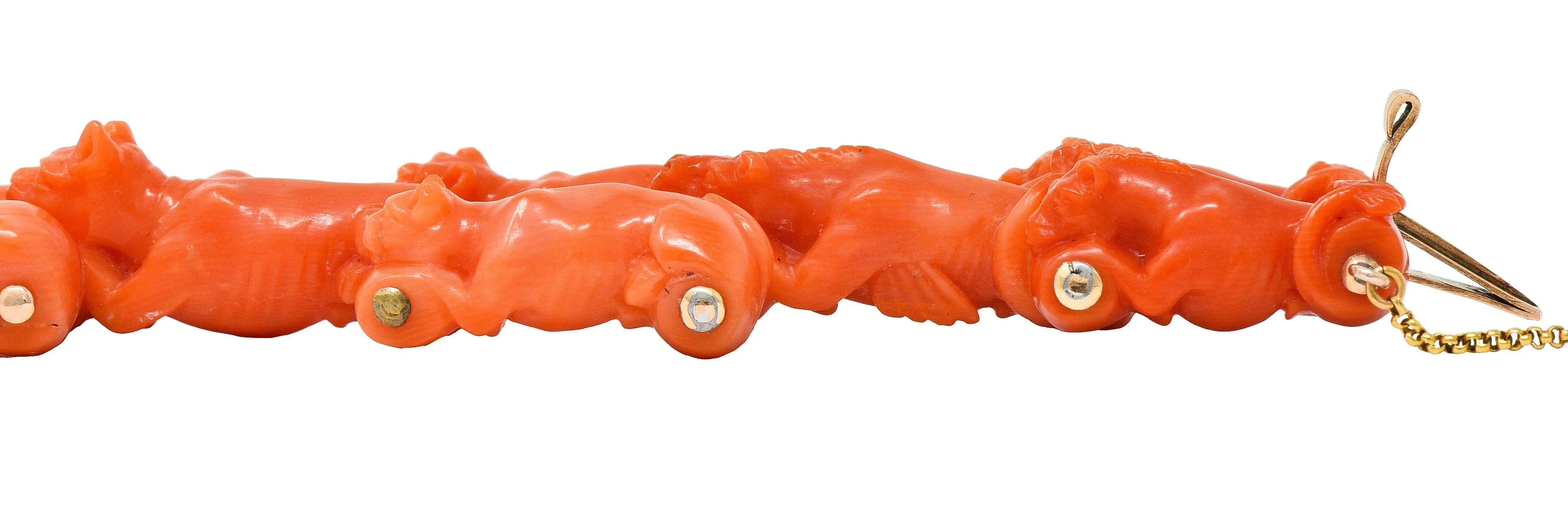 Early Victorian Carved Coral 14 Karat Gold Cow Lion Dog Animal Link Antique Bracelet