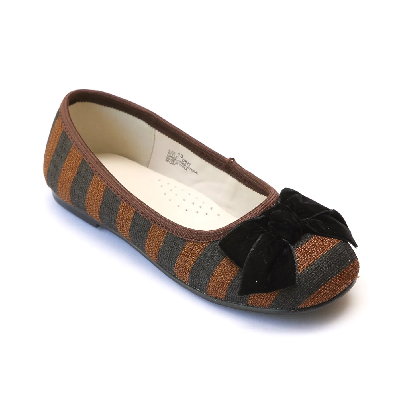 FINAL SALE - L'Amour Girls Brown Striped Linen Canvas Bow Flats