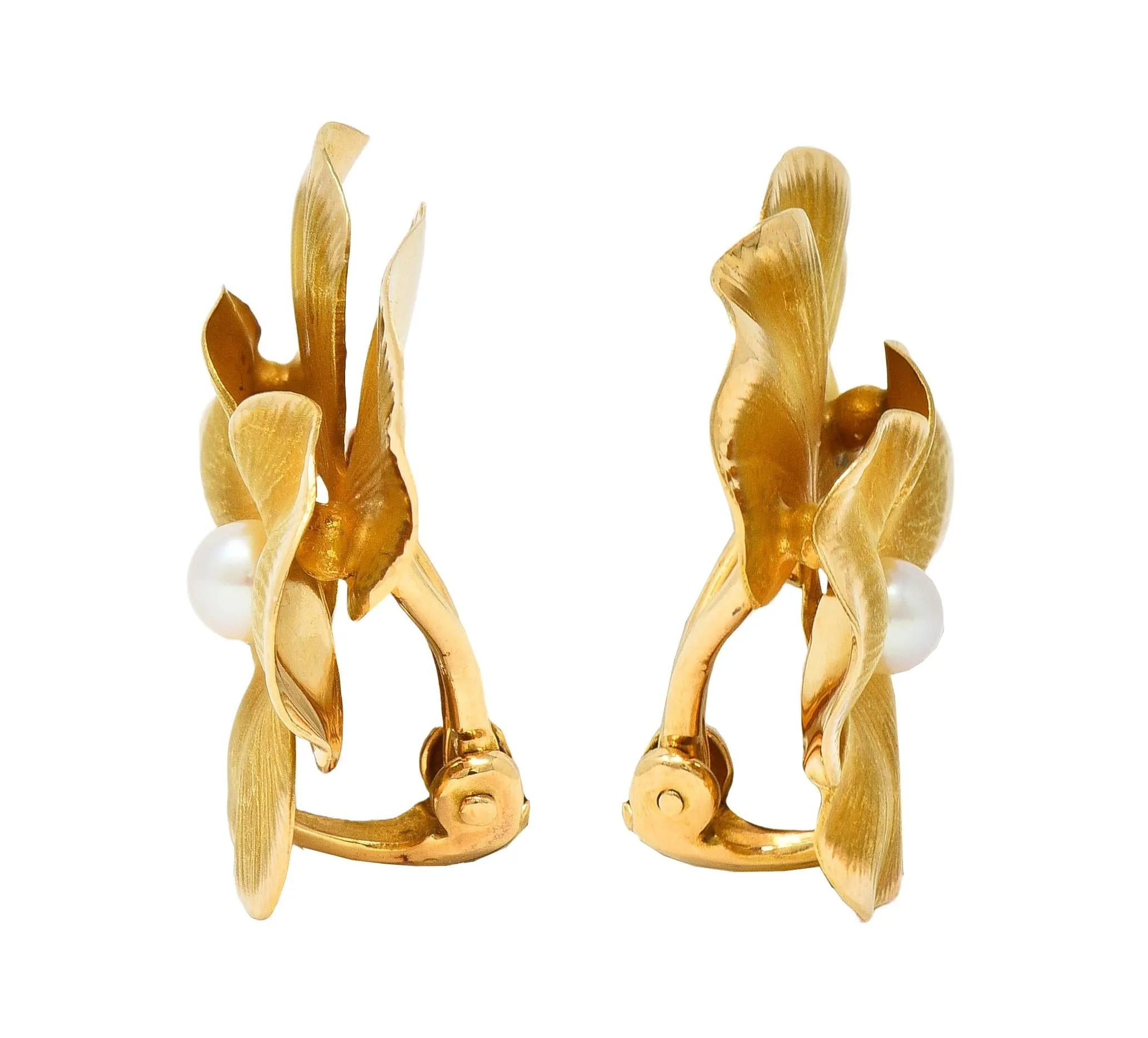 Fisher & Co. Pearl 14 Karat Yellow Gold Vintage Pansy Ear-Clip Earrings