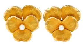 Fisher & Co. Pearl 14 Karat Yellow Gold Vintage Pansy Ear-Clip Earrings