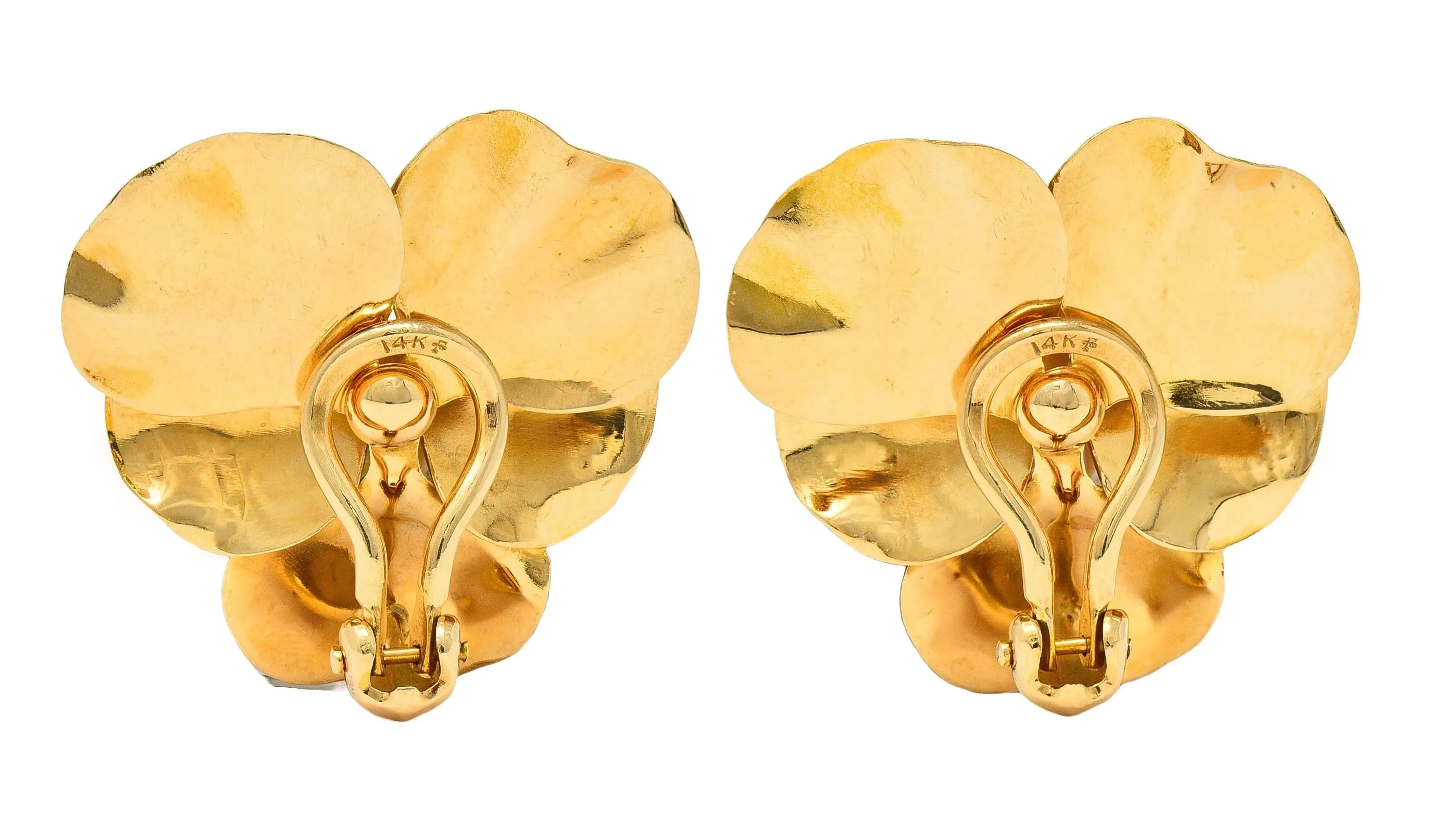 Fisher & Co. Pearl 14 Karat Yellow Gold Vintage Pansy Ear-Clip Earrings