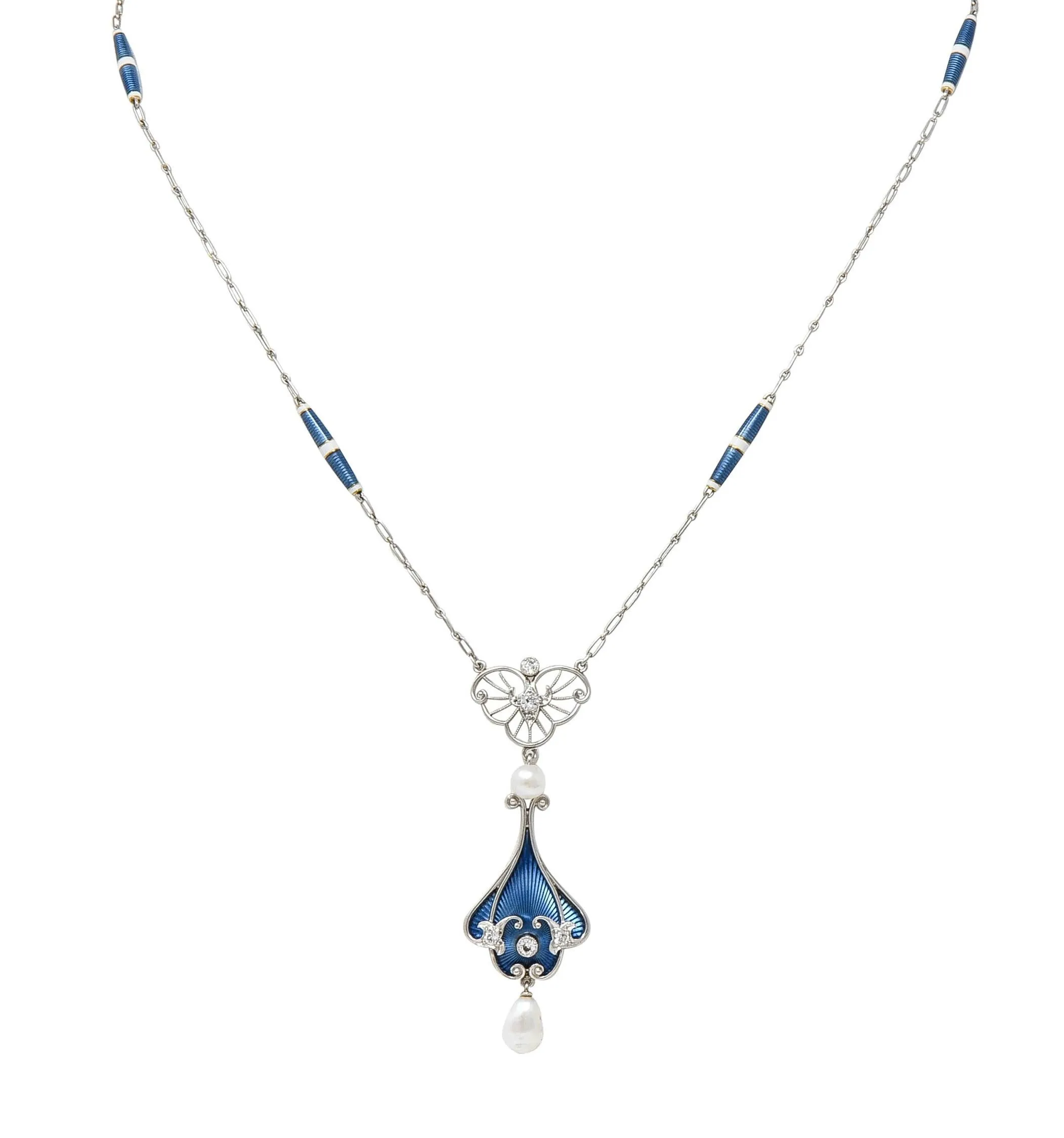 Henry Blank & Co. Edwardian Diamond Enamel Platinum 14 Karat Gold Antique Sautoir Necklace