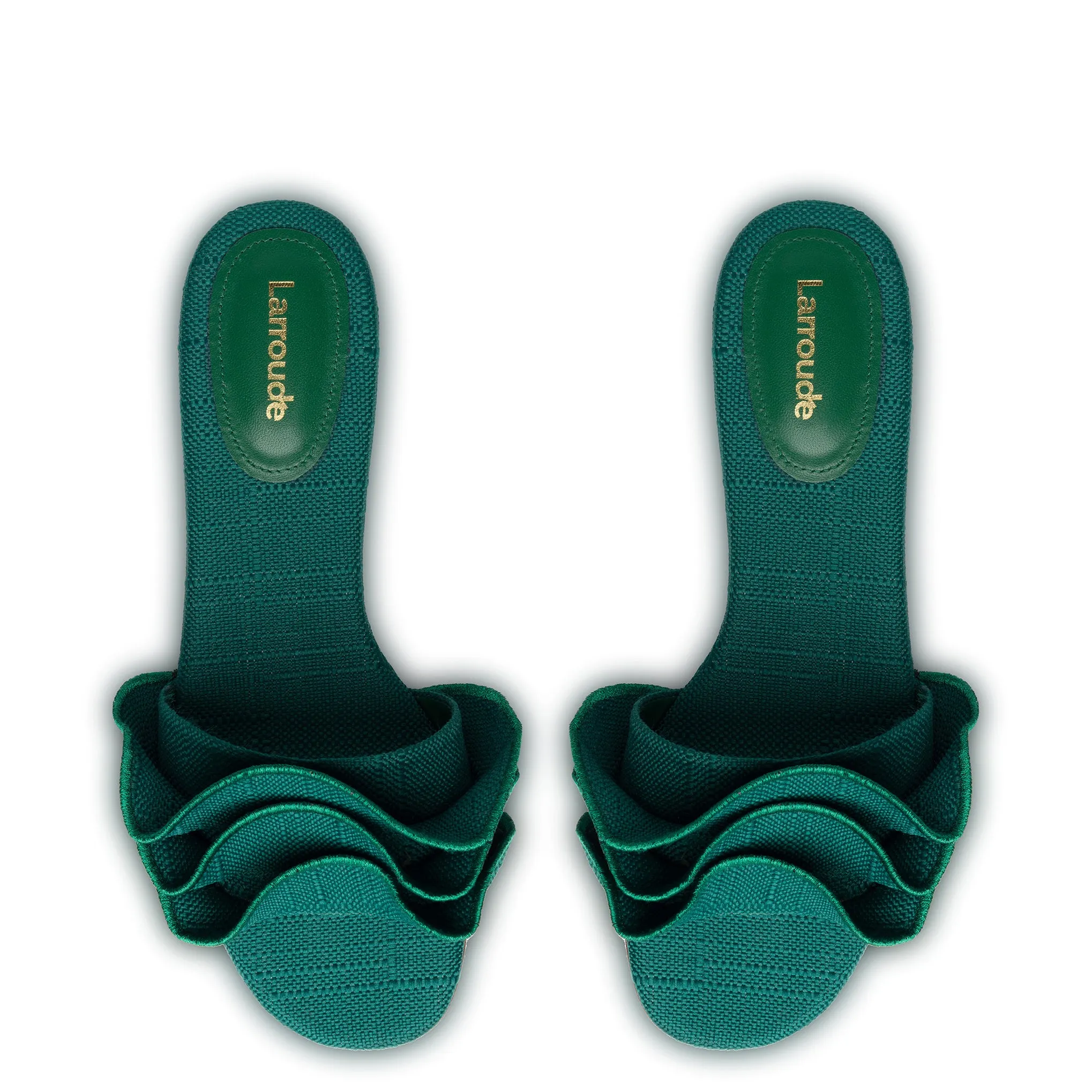 Ivy Ruffle Flat Mule In Emerald Raffia