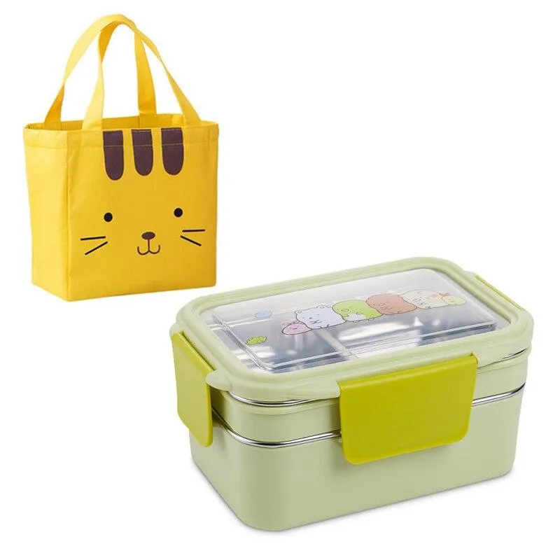 Kids Stainless Steel Double Layers Food Container Lunch Box With Bag