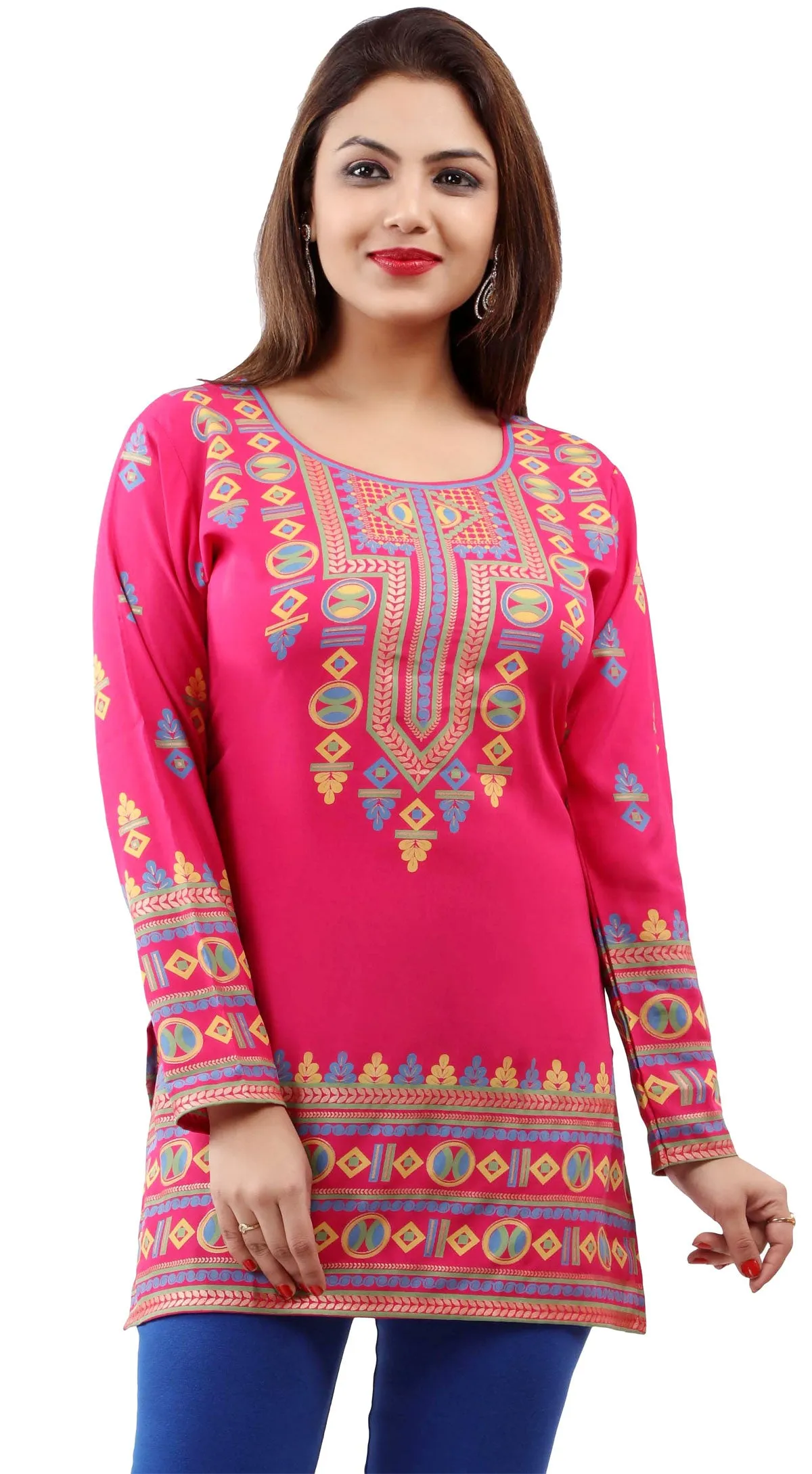 Kurti Top Tunic Women's Printed Blouse India Clothing (Pink)