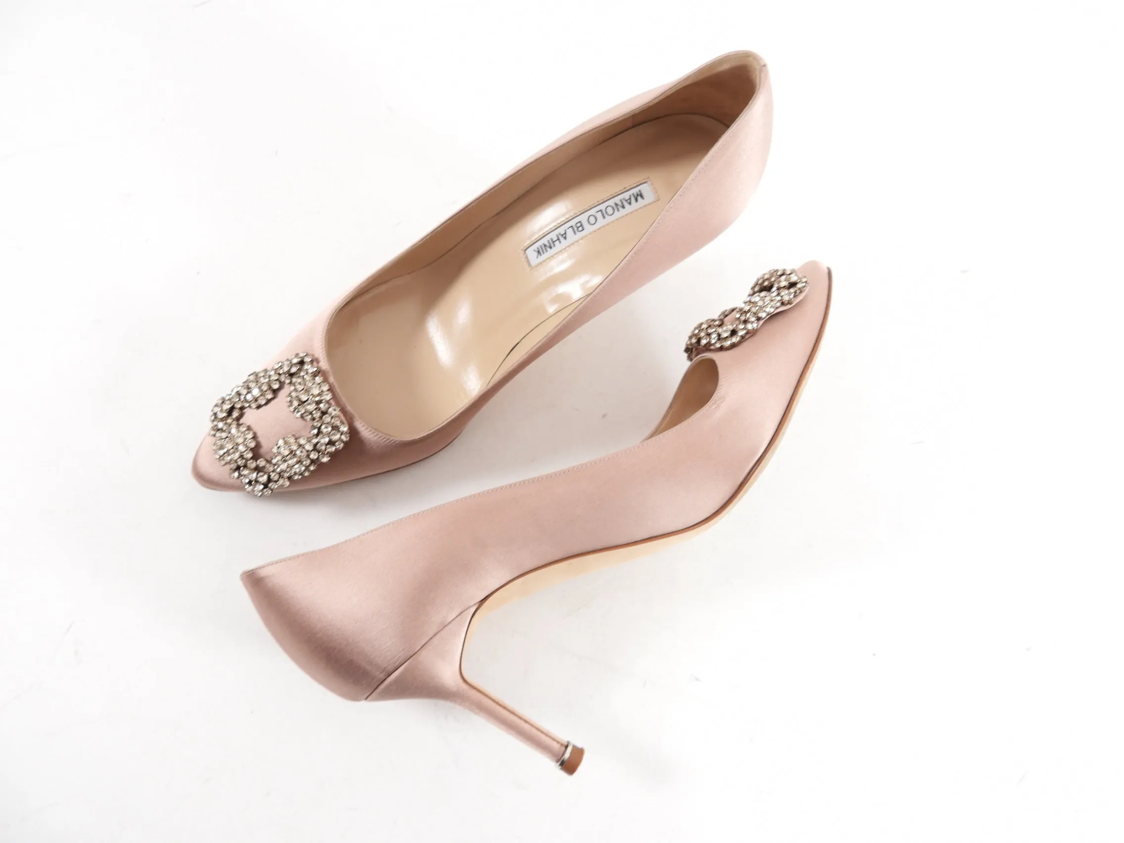 Manolo Blahnik Nude Satin Hangisi 70 Crystal High Heels - 40