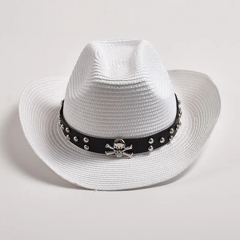 Men's Summer Skull Decor Western Curling Brim Casual Cowboy Hat