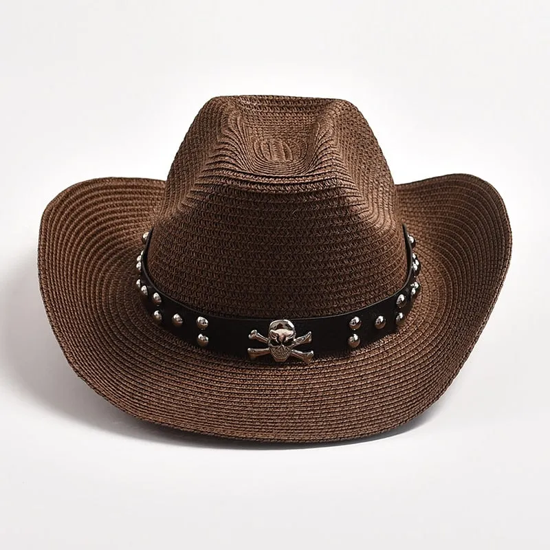 Men's Summer Skull Decor Western Curling Brim Casual Cowboy Hat