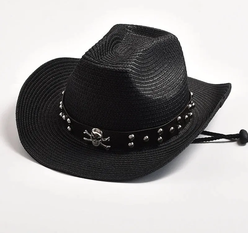 Men's Summer Skull Decor Western Curling Brim Casual Cowboy Hat