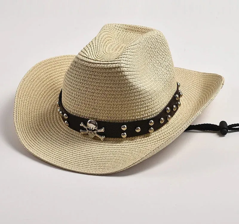 Men's Summer Skull Decor Western Curling Brim Casual Cowboy Hat