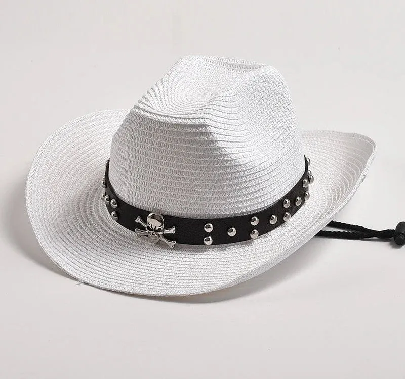 Men's Summer Skull Decor Western Curling Brim Casual Cowboy Hat