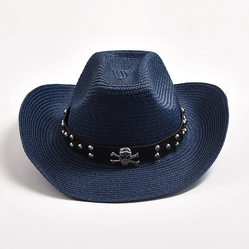 Men's Summer Skull Decor Western Curling Brim Casual Cowboy Hat