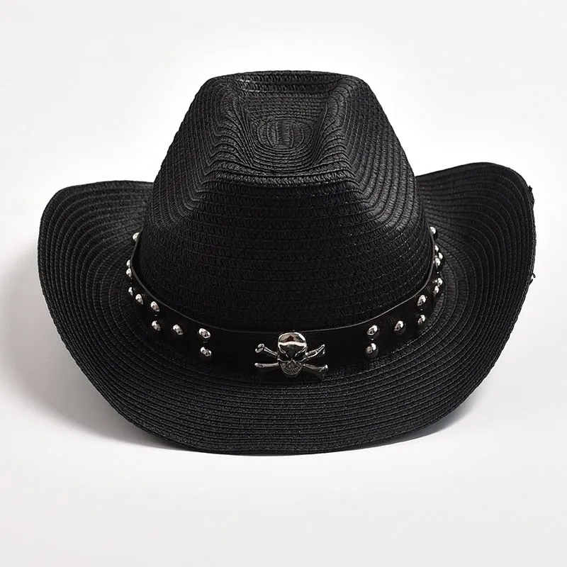 Men's Summer Skull Decor Western Curling Brim Casual Cowboy Hat