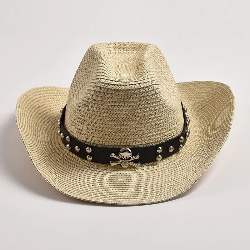 Men's Summer Skull Decor Western Curling Brim Casual Cowboy Hat