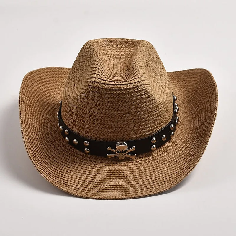 Men's Summer Skull Decor Western Curling Brim Casual Cowboy Hat