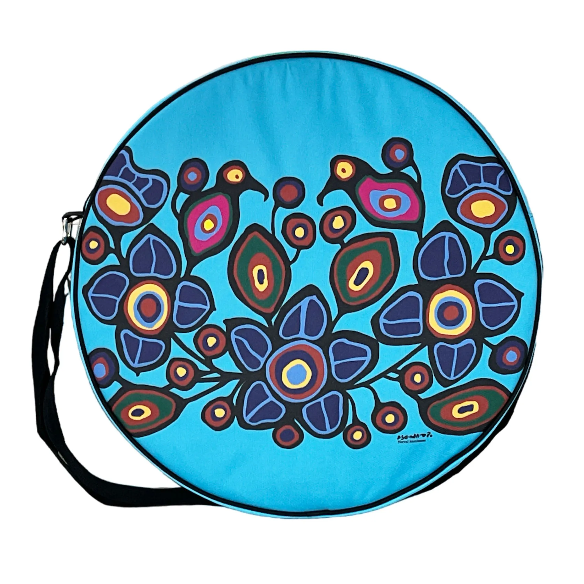 Norval Morrisseau Flowers and Birds 17in Drum Bag