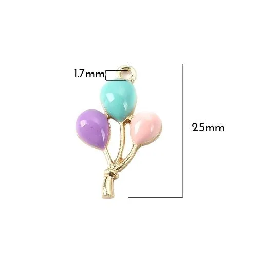 Pendants, Balloons, Single-Sided, Pink, Blue, Purple, Enameled, Gold Plated Alloy, 25mm