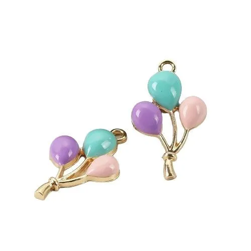 Pendants, Balloons, Single-Sided, Pink, Blue, Purple, Enameled, Gold Plated Alloy, 25mm