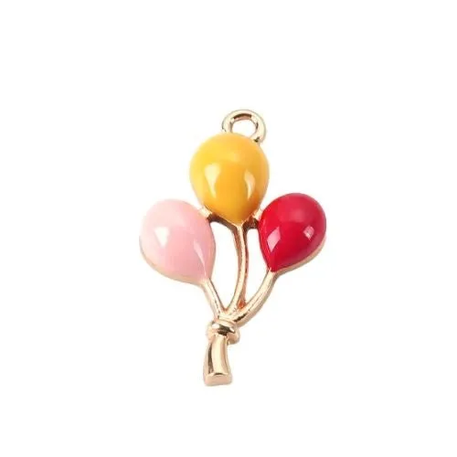 Pendants, Balloons, Single-Sided, Red, Yellow, Pink, Enameled, Gold Plated Alloy, 25mm