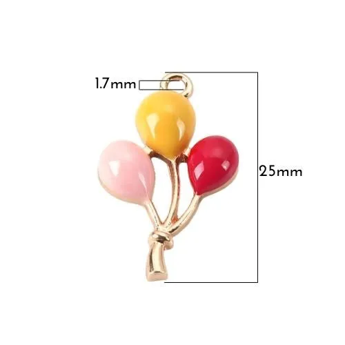 Pendants, Balloons, Single-Sided, Red, Yellow, Pink, Enameled, Gold Plated Alloy, 25mm