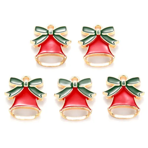 Pendants, Christmas Jingle Bell, Red, Green, Enameled, Single-Sided, Light Gold, Alloy, 16mm