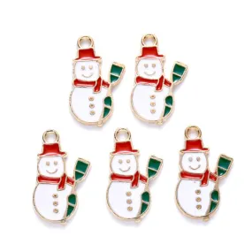 Pendants, Christmas Snowman, Single-Sided, White, Red, Green, Enameled, Light Gold, Alloy, 21mm