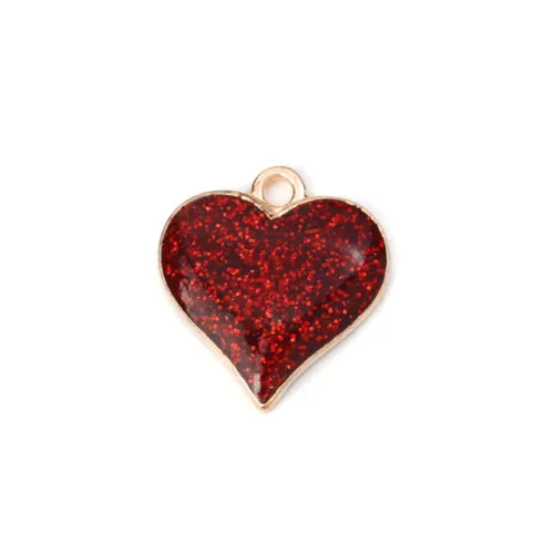 Pendants, Heart, Single-Sided, Red, Glitter, Enameled, Light Gold Alloy, 17mm